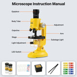 Science Kits for Kids Beginner Microscope with LED 100X 400X and 1200X-Include Sample Prepared Slides 12pc- Educational Toy Birthday Gift Yellow Little World