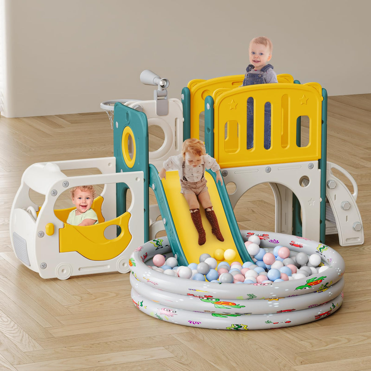 Toddler Slide Kids Slide Playset for Babies Bus Themed Toddler Playground with Climber Baskteball Hoop Indoor Playground Outdoor MOCUTEEN