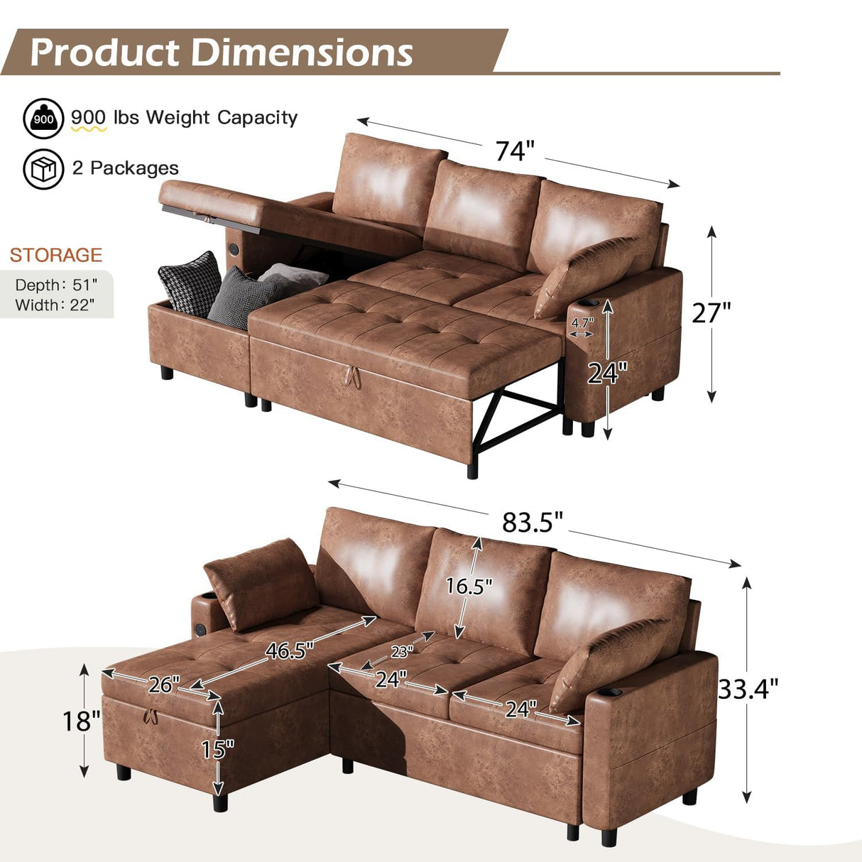 JFHID Leather Sleeper Sofa Couch with Pullout Bed, 83.5'' Sofa Bed Pull Out Couch with Reversible Storage Chaise, Sectional Couches with USB Charging Ports&Cup Holders for Living Room, Brown JFHID
