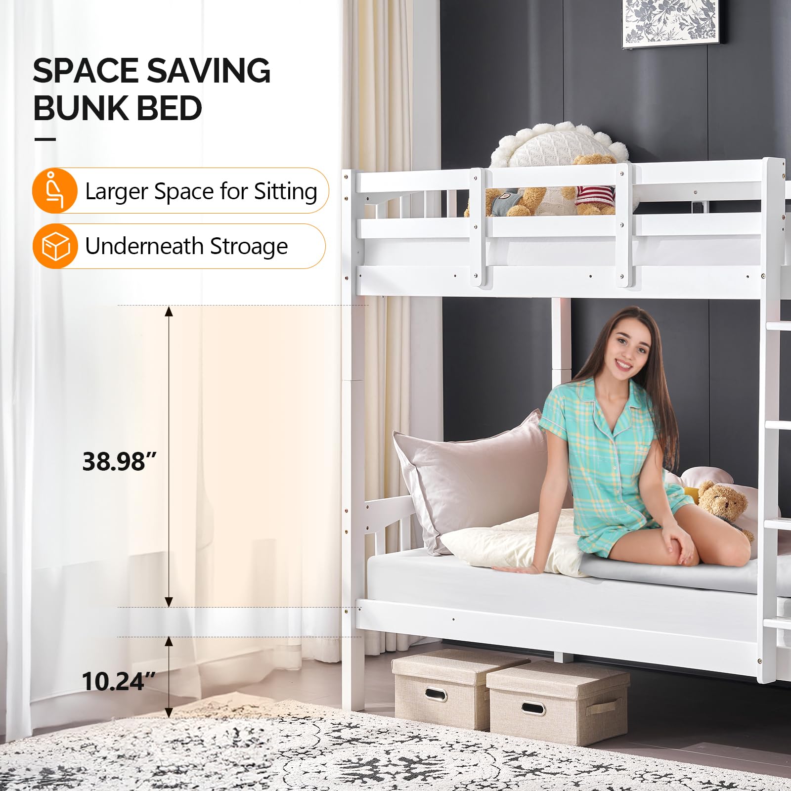 VINGLI Twin Over Twin Bunk Bed with LED Lights and USB Charging Station in White - WoodArtSupply