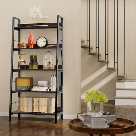 Himimi Ladder Bookshelf, 5 Shelf Bookcase Industrial Bookshelf Wood and Metal Bookshelves, Plant Flower Stand Rack Book Storage Shelves for Living Room, Bedroom, Home Office (2 PCS) Himimi