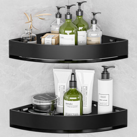 Wisfame Black Corner Shower Caddy - Rustproof Aluminium Triangle Shower Shelf - No Drill & Drill Installation - 2 Bathroom Shelves Wall Mounted (20LB Capacity/Tier) Wisfame