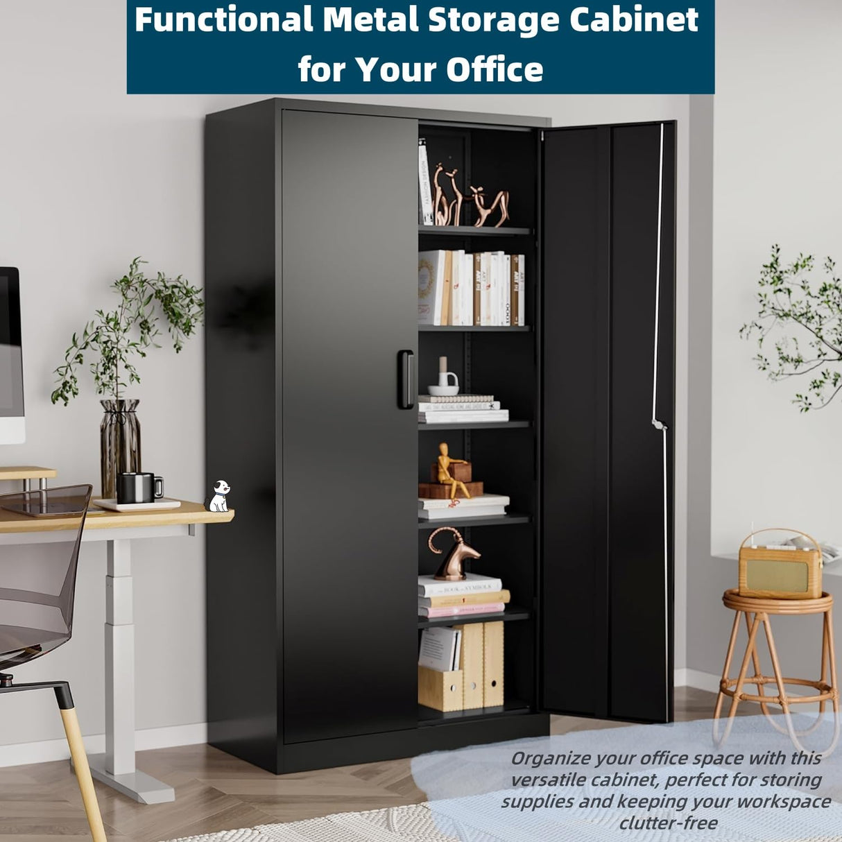 Oasecrilio Metal Storage Cabinet with 5 Adjustable Shelves, Garage Storage Cabinet with Lock, Kitchen Pantry Storage Cabinet, File Storage Cabinet, Filing Cabinets for Home Office, 71'H, Black Oasecrilio