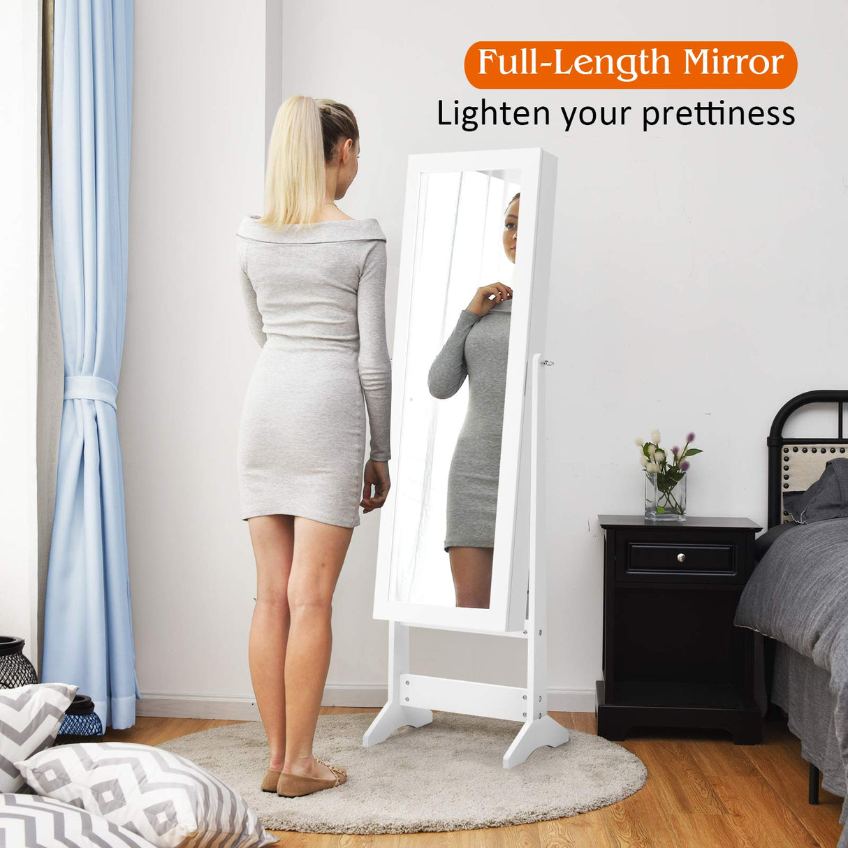 Giantex Jewelry Cabinet with Full-Length Mirror, Standing Jewelry Armoire Organizer with 64 Earring Slots, 20 Necklace Hooks, 72 Ring Slots, 4 Storage Shelves, 3 Angel Adjustable (White) Giantex