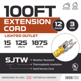 IRON FORGE CABLE 100 Foot Outdoor Extension Cord - 12/3 SJTW Heavy Duty Yellow 3 Prong Extension Cable, 15 AMP - Great for Garden and Major Appliances IRON FORGE CABLE