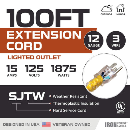 IRON FORGE CABLE 100 Foot Outdoor Extension Cord - 12/3 SJTW Heavy Duty Yellow 3 Prong Extension Cable, 15 AMP - Great for Garden and Major Appliances - WoodArtSupply