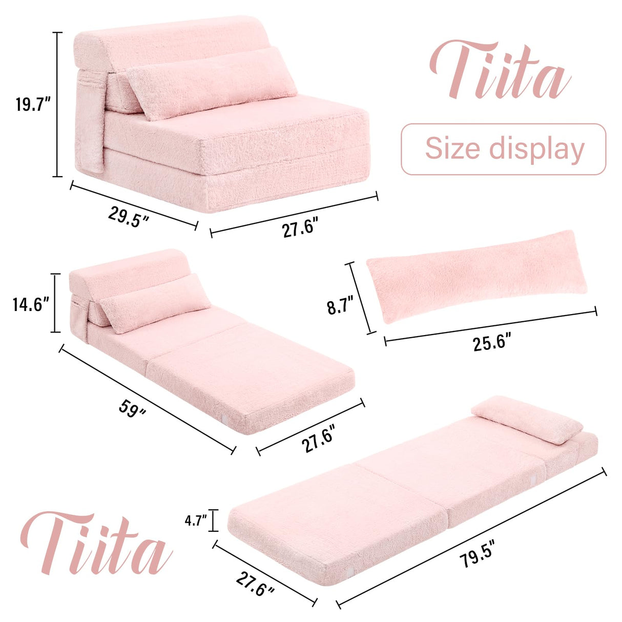 Tiita Folding Sofa Bed with Pillow Single Size Mattress&Plush Fabric with Portable Storage Bag,Floor Lounger Chair Bed for Living Room,Guest Room,Dorm,Apartment,Upstairs Loft,Home Office,Pink Tiita