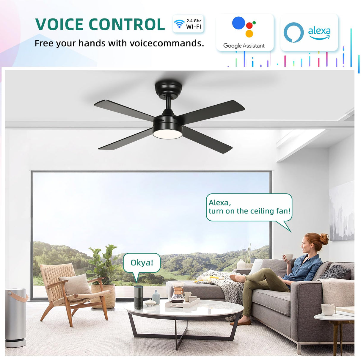 YITAHOME 48 Inch Black Ceiling Fan with Lights and Remote,4 Blades, App Control, Modern Smart Ceiling Fan Compatible with Alexa for Indoor, Reversible Quiet Motor, Memory Function YITAHOME