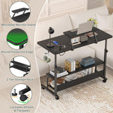 Height Adjustable Standing Desk with Power Outlets and LED Lights - 39" Manual Stand Up Desk with Monitor Stand and Storage Shelves Small Mobile Rolling Computer Desk Portable Laptop Table, Black Besiost