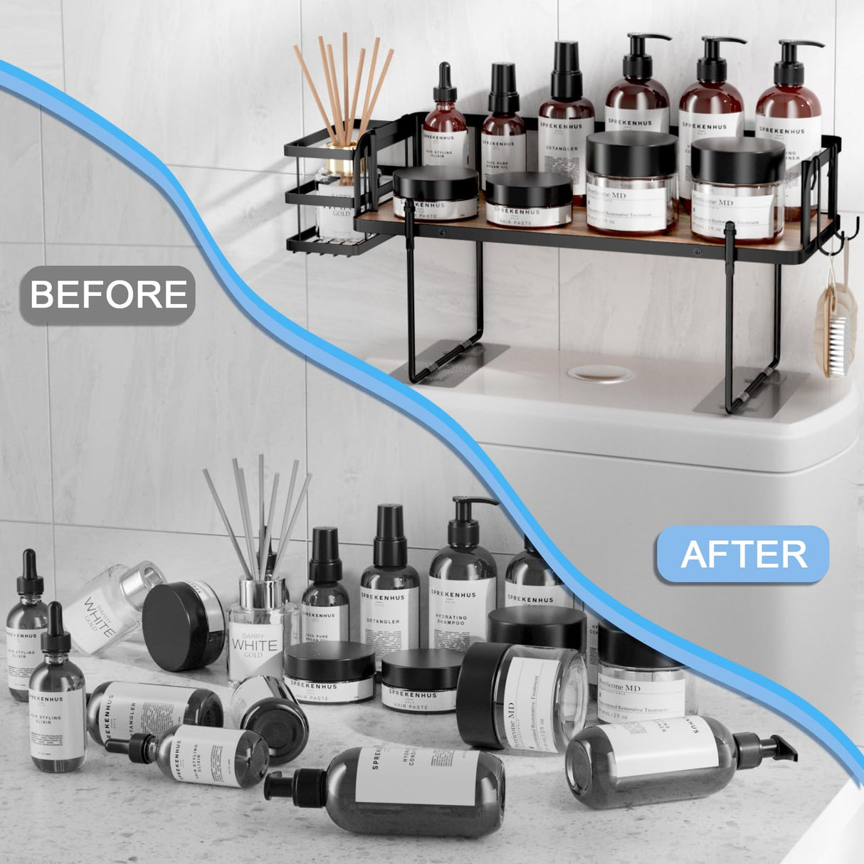 Over The Toilet Storage, Over Toilet Shelf Organizer, Bathroom Organizer Over Toilet with Removable Basket Paper Holder, Above Toilet Storage with Non-Trace Adhesive, No Drilling Toilet Organizer DTUQYX