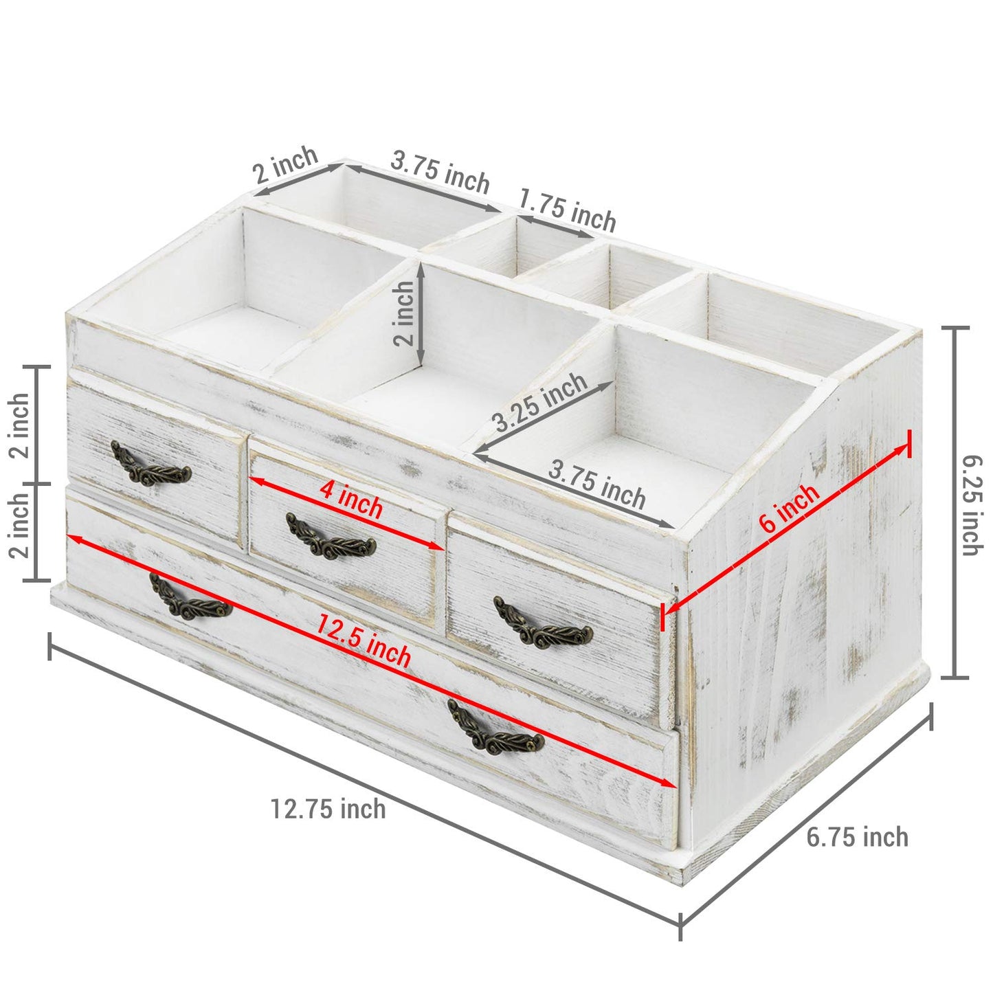 MyGift 7-Compartment Shabby Whitewashed Solid Wood Jewelry/Cosmetics Vanity Organizer Rack with 4 Vintage Storage Drawers - WoodArtSupply