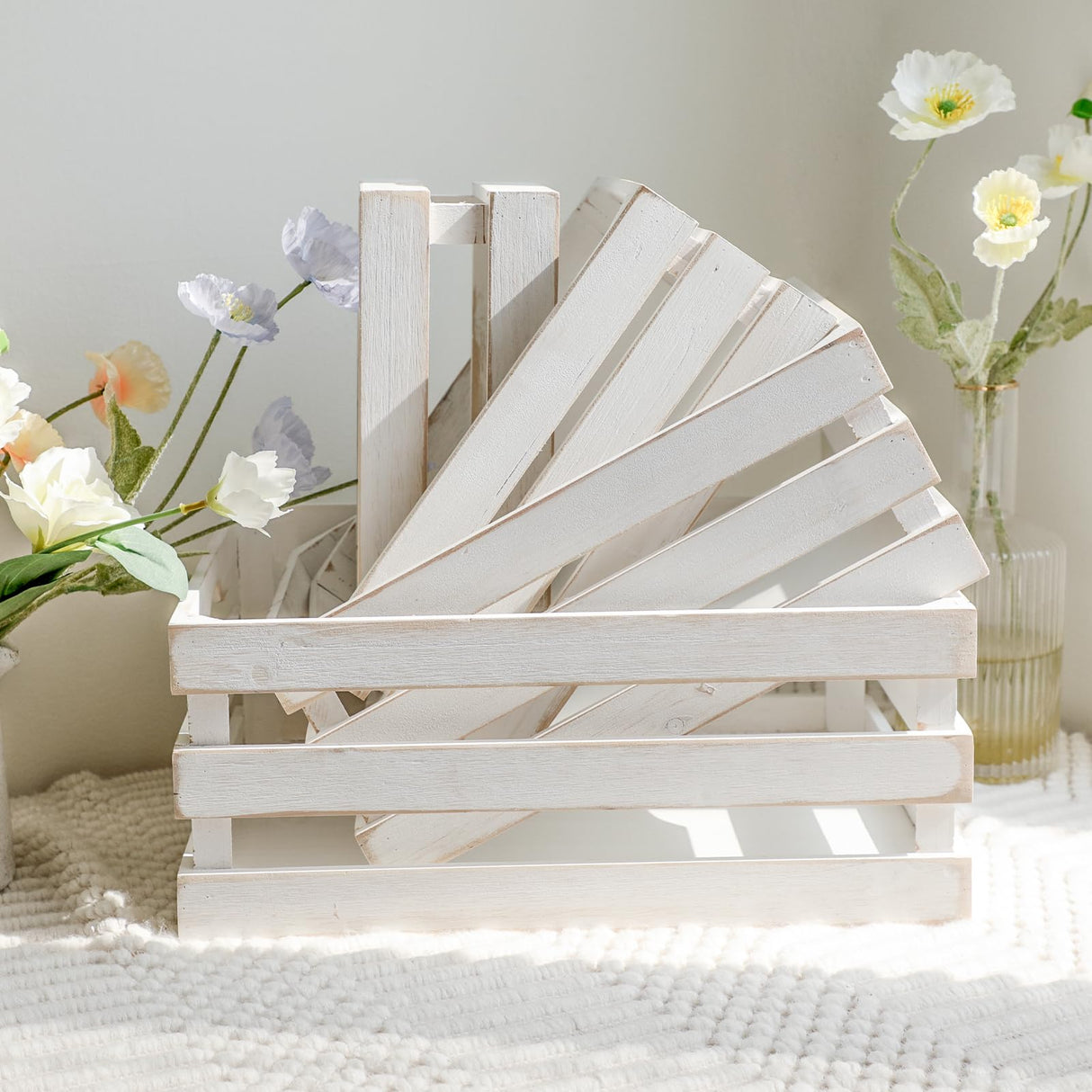 MACVAD Set of 4 Large Wooden Crates Decorative, Whitewashed Nesting Wooden Crates for Display Rustic, Farmhouse Wooden Storage Container Boxes Made from 100% Wood MACVAD