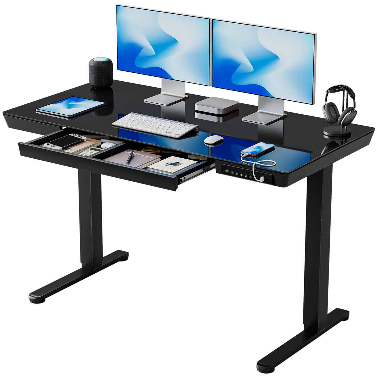 BANTI Electric Standing Desk with Drawers, 48 inch Whole-Piece Glass Desktop, Height Adjustable Stand up Sit Stand Home Office Ergonomic Workstation, Black Tabletop BANTI