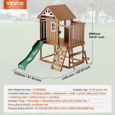 VEVOR Outdoor Wooden Playhouse, Modern Cedar Playhouse for Age 3-10 Years Kids, Garden Games Cottage, Country Style Cedar with Slide, Ladder, Climbing Wall, Windows, Picnic Table and Bench VEVOR