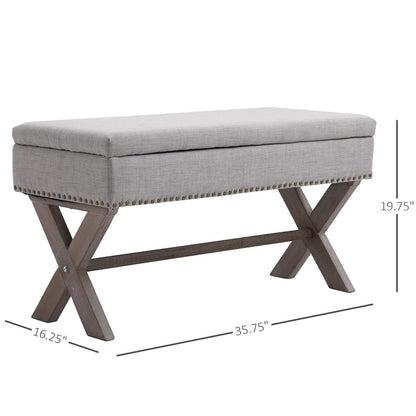 HOMCOM 35.75" Storage Ottoman, Upholstered Storage Bench with Hidden Space, Nailhead Trim and X-Shaped Wood Legs, for Living Room, Entryway, Bedroom, Grey - WoodArtSupply