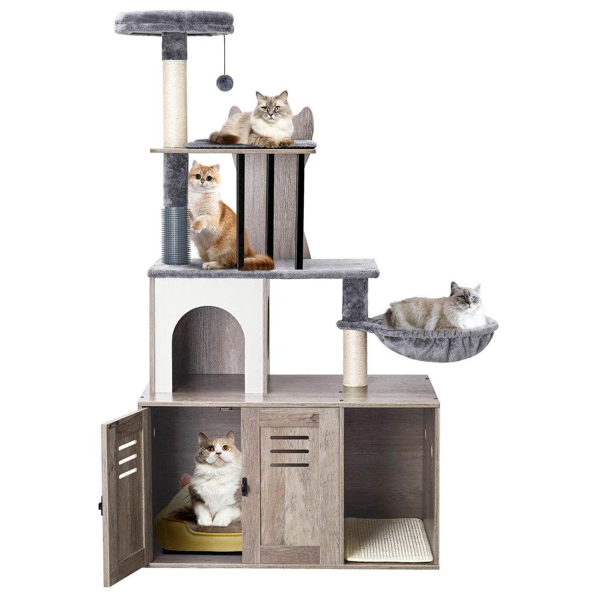 Snughome Cat Tree with Litter Box Enclosure Furniture, 2-in-1 Modern Cat Tower for Indoor Cats, 58.66’’ Wood Cat Condo with Scratching Post and Hammock, Indoor Cat Furniture with Large Platform, Grey Snughome