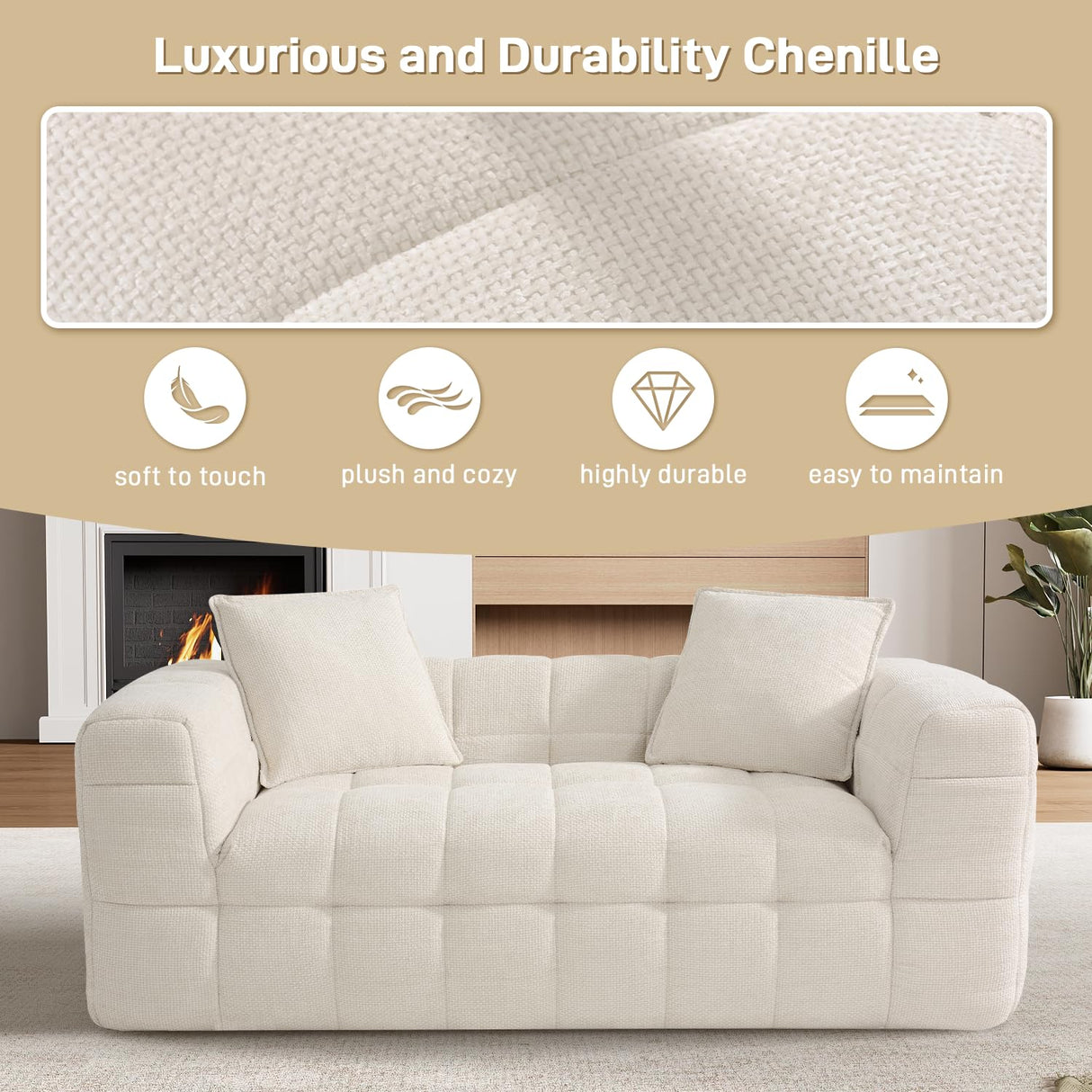DAMAIFROM 66.5" Chenille Cloud Sofa Couch with 2 Soft Pillows, Comfy Upholstered Chenille 2 Seater LoveSeat Sofa, Modern Deep Seat Sherpa Cloud Couch, Oversized Love Seat for Living Room, Beige White DAMAIFROM