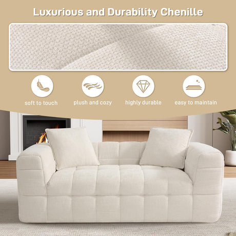 DAMAIFROM 66.5" Chenille Cloud Sofa Couch with 2 Soft Pillows, Comfy Upholstered Chenille 2 Seater LoveSeat Sofa, Modern Deep Seat Sherpa Cloud Couch, Oversized Love Seat for Living Room, Beige White DAMAIFROM
