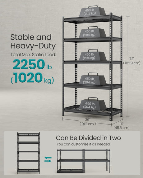 SONGMICS 5-Tier Storage Shelves, Heavy-Duty Garage Shelving, Adjustable Shelving Unit, Steel Shelf, Boltless Assembly, for Garage, Shed, 2,250 lb Load, 18 x 36 x 72 Inches, Ink Black UGLR453B01 SONGMICS