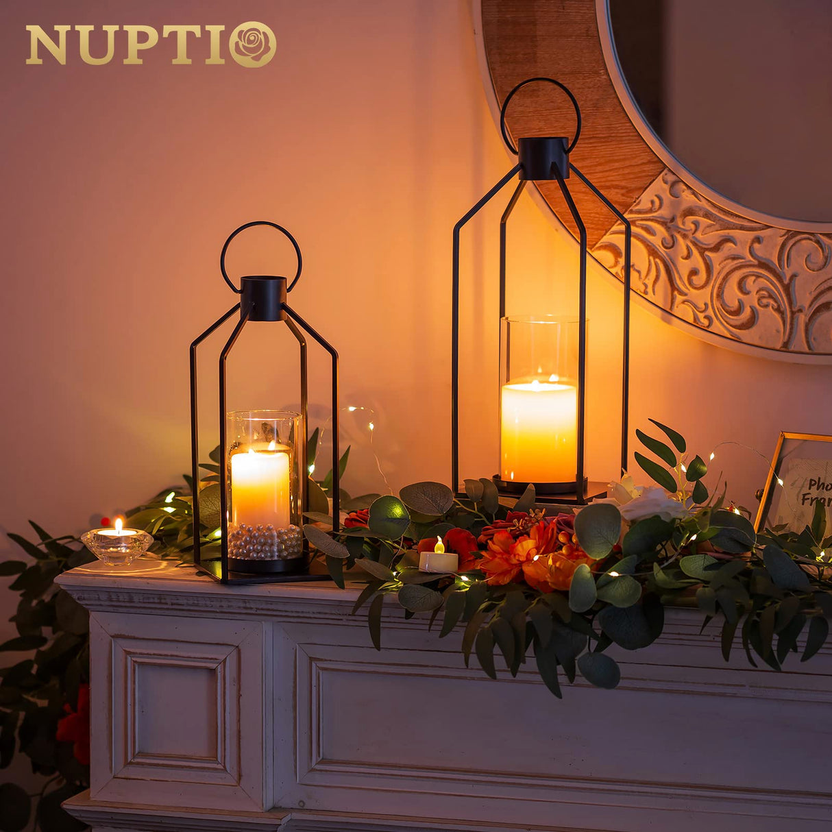 Nuptio Decorative Lantern Candle Holder: 2 Pcs Glass Hurricane Pillar Candles Holders Rustic Black Metal Hanging Lanterns Decor for Outdoor Wedding Farmhouse Home Fireplace Christmas Halloween NUPTIO