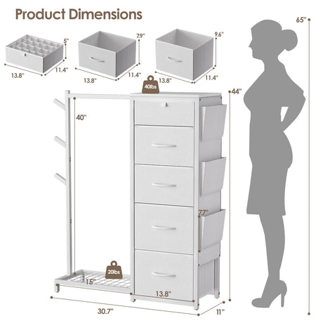 Luxspire Dresser with Hanging Rack, Reversible Dresser for Bedroom with 5 Fabric Drawers & 3 Coat Racks & Side Pockets Small Dressers with Clothes Racks, White Luxspire