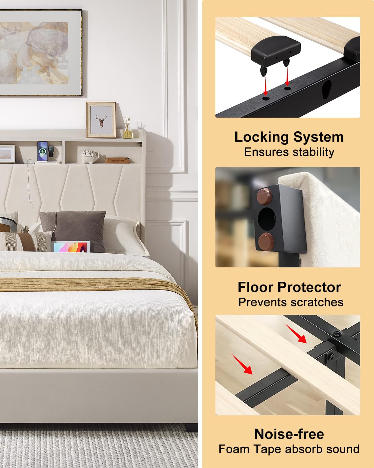 LegacyAmerhome Queen Bed Frame, Velvet Upholstered LED Platform Bed with Headboard Storage, Queen Bed Built-in Charging Station with 4 Drawers, Wood Slat Support, No Box Spring Needed, Beige LegacyAmerhome