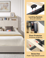 LegacyAmerhome Queen Bed Frame, Velvet Upholstered LED Platform Bed with Headboard Storage, Queen Bed Built-in Charging Station with 4 Drawers, Wood Slat Support, No Box Spring Needed, Beige LegacyAmerhome