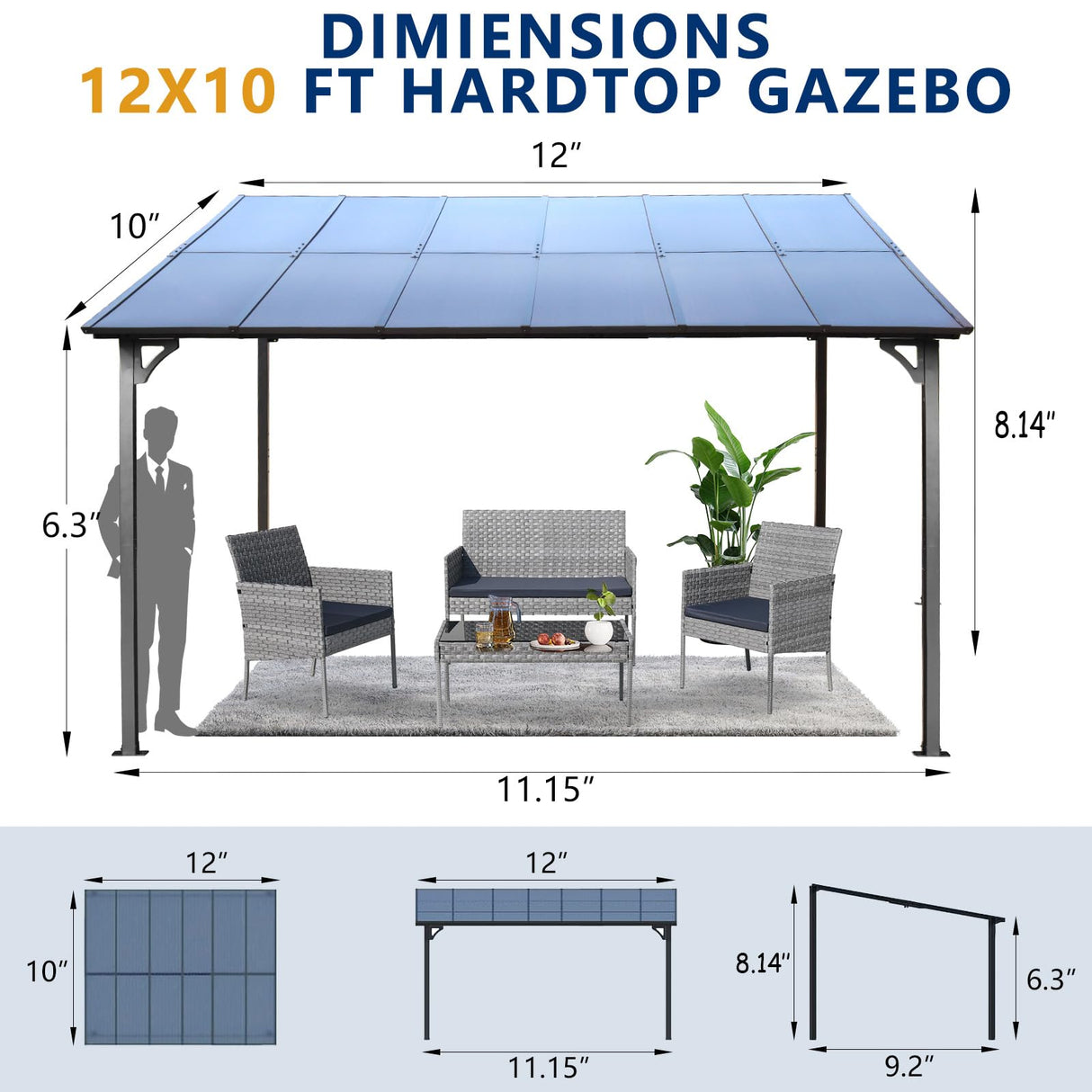 10x12 FT Outdoor Gazebo for Patio - Wall-Mounted Lean to Metal Awning with Sloped Roof, Large Heavy Duty Awnings Waterproof Shed Hardtop Gazebo Backyard Shade for Patio, Decks, Backyard, Grey JYH