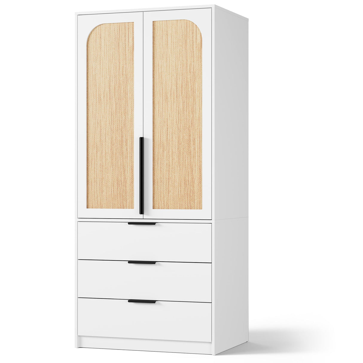 GarveeHome Armoire Wardrobe Closet, 69.5 in Wooden Wardrobe Cabinet with 3 Drawers, Hanging Rod, 2 Doors Clothing Storage Cabinet for Bedroom, Large Capacity Storage, Rattan Door, White GarveeHome
