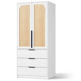 GarveeHome Armoire Wardrobe Closet, 69.5 in Wooden Wardrobe Cabinet with 3 Drawers, Hanging Rod, 2 Doors Clothing Storage Cabinet for Bedroom, Large Capacity Storage, Rattan Door, White GarveeHome