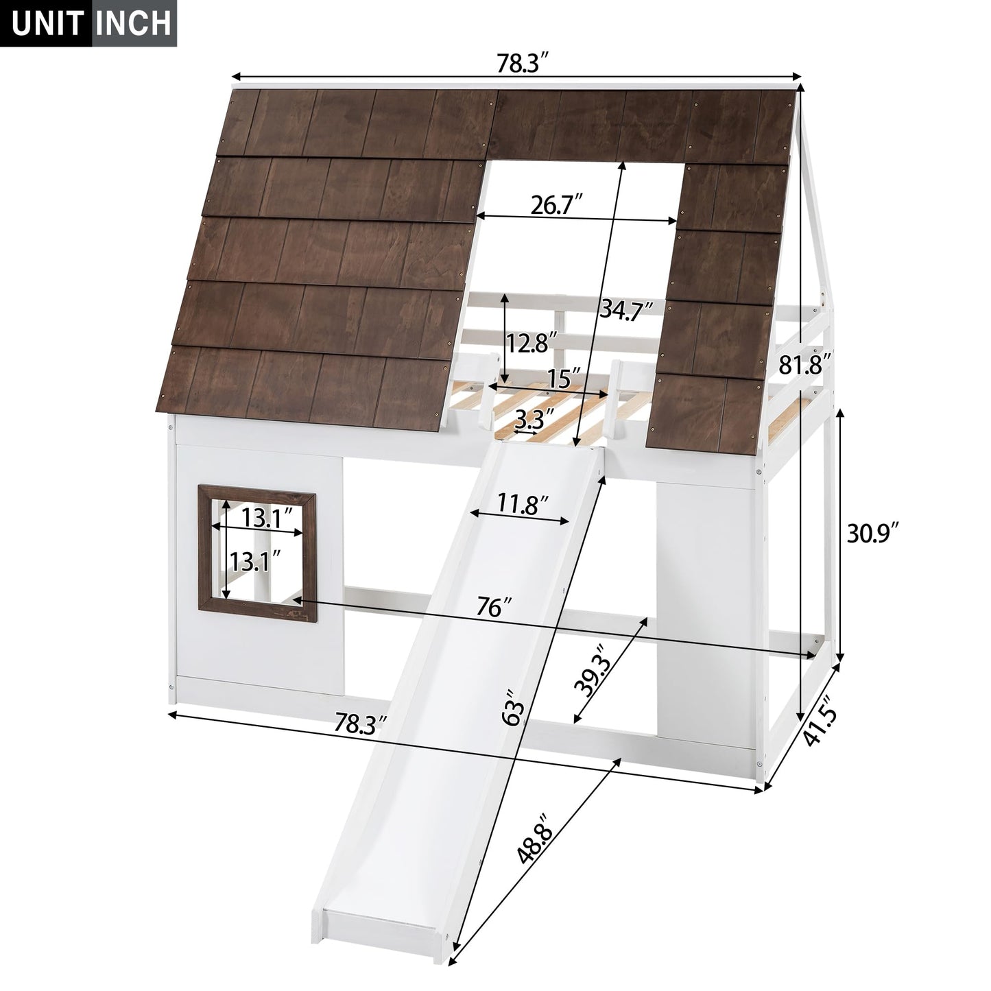 Twin Size House Bed with Slide – LZ Leisure Zone Wood Bunk Bed Frame in White and Brown with Roof and Ladder - WoodArtSupply