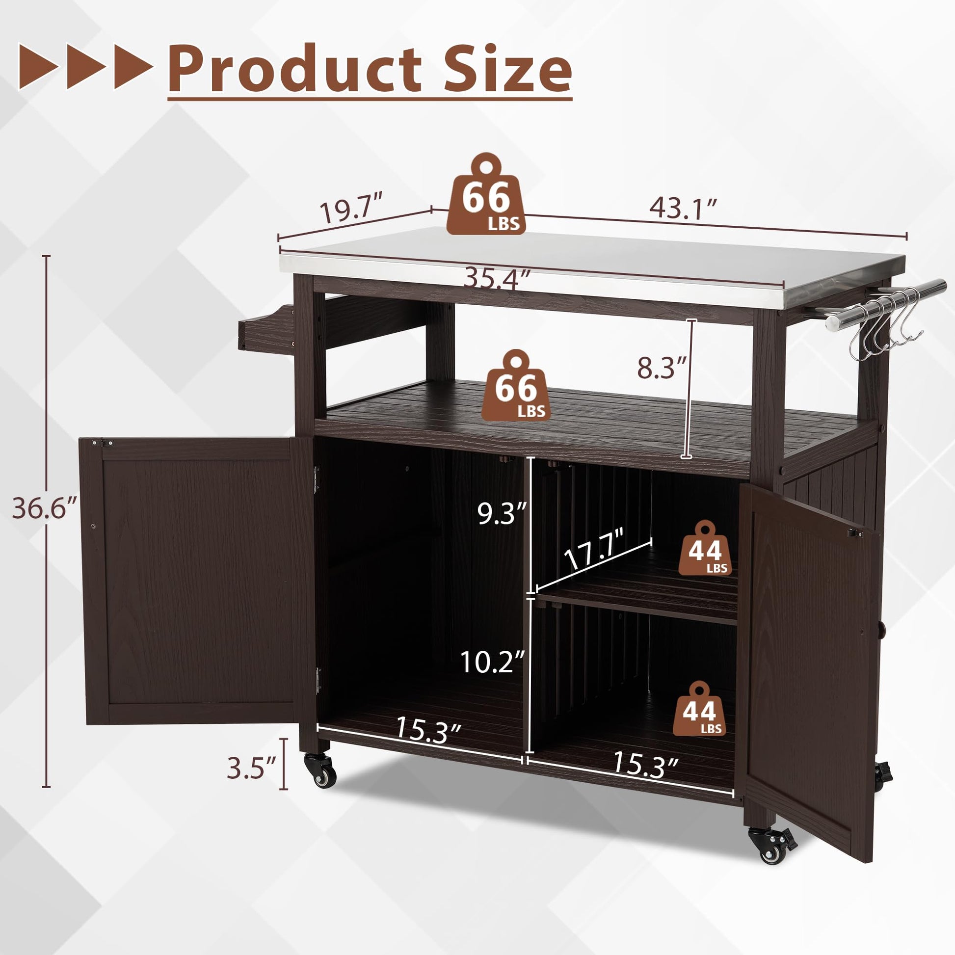 AHB Outdoor Grill Table Solid Wood Storage Cabinet, Rolling Kitchen Island, Movable Bar Cart with Stainless Steel Top for Outside Patio, Backyard, Garden (Two doors) - WoodArtSupply