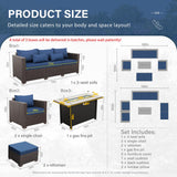 6-Piece Patio Furniture Set Outdoor Furniture Set with 45'' Propane Gas Fire Pit Table Outdoor Conversation Set Wicker Sofa Set Non-Slip Cushions Waterproof Covers, Navy Blue Rattan Star
