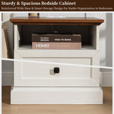 ENOUSHU Night Stand Set 2 with Charging Station, Bedside Table with 2 Drawers Storage and Open Shelf, Wood Farmhouse Nightstands with Outlets for Bedroom Office, White ENOUSHU