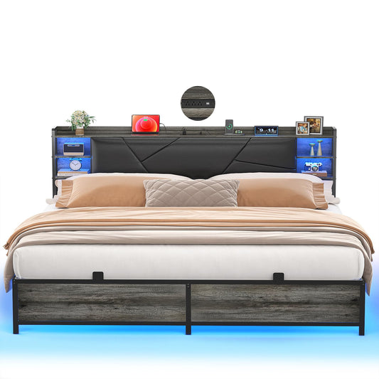 Unikito Grey Oak King Size Bed Frame with RGB LED Lights, USB Charging Ports, and Storage Headboard - WoodArtSupply