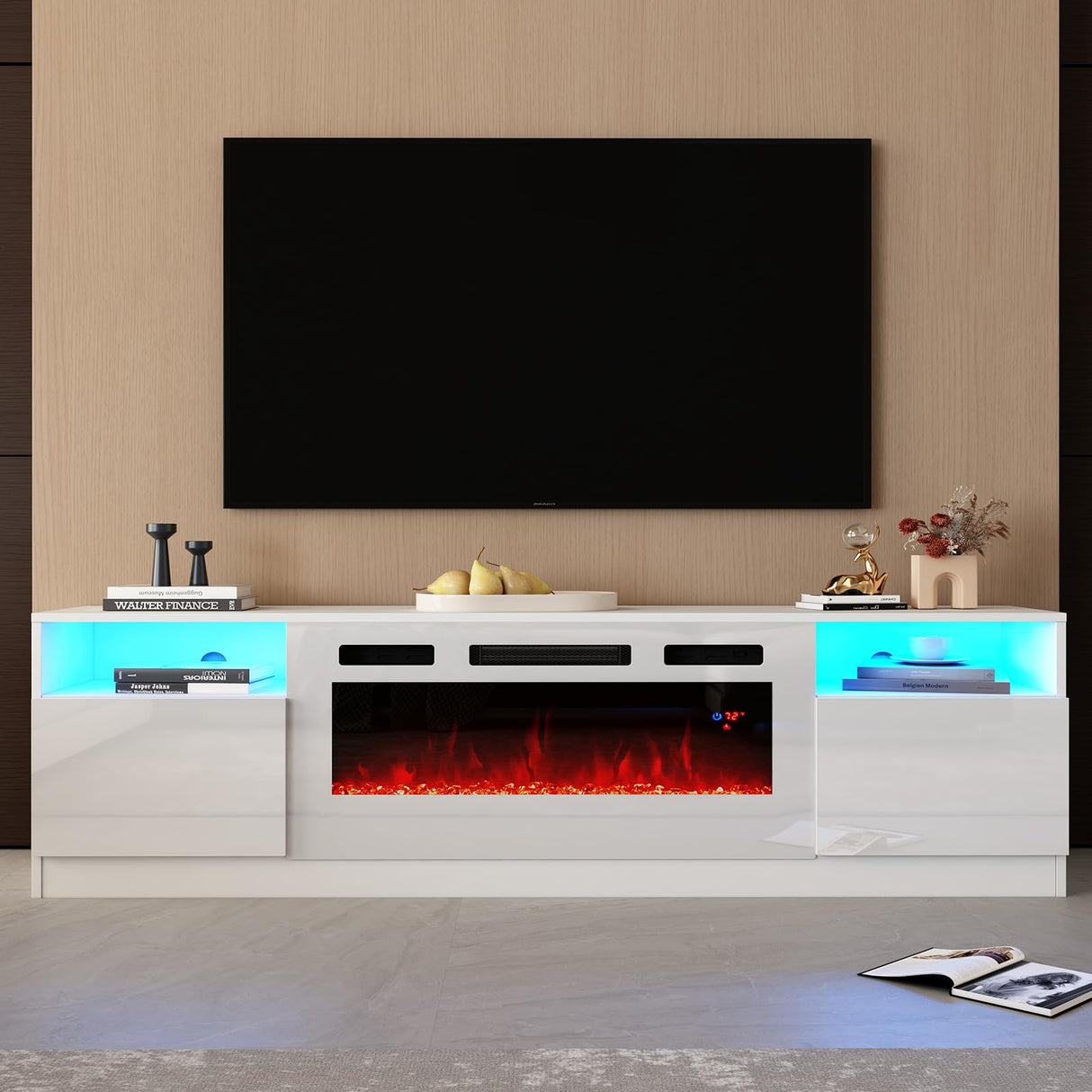 AMERLIFE 80" TV Stand with 40" Electric Fireplace Large Modern Matte Texture Media Entertainment Center with Highlight Storage Cabinet and 12 Colors LED Lights for TVs Up to 90", 80 inches, White AMERLIFE