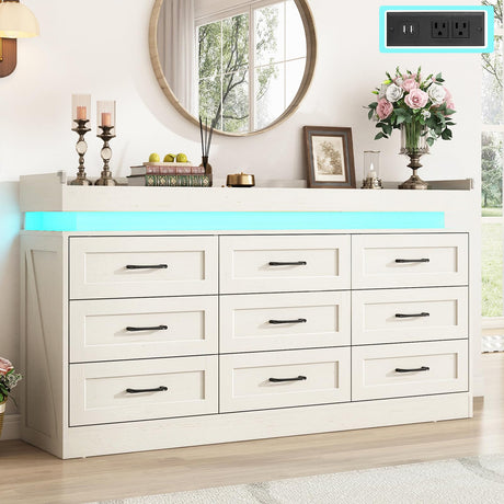 Hlivelood Large Farmhouse 9 Drawers Dresser for Bedroom with LED Light and Power Outlets,63" Wide Wood Rustic 9 Chests of Drawers for Closet,Tall Storage Dresser Organizer for Bedroom(Antique White) Hlivelood