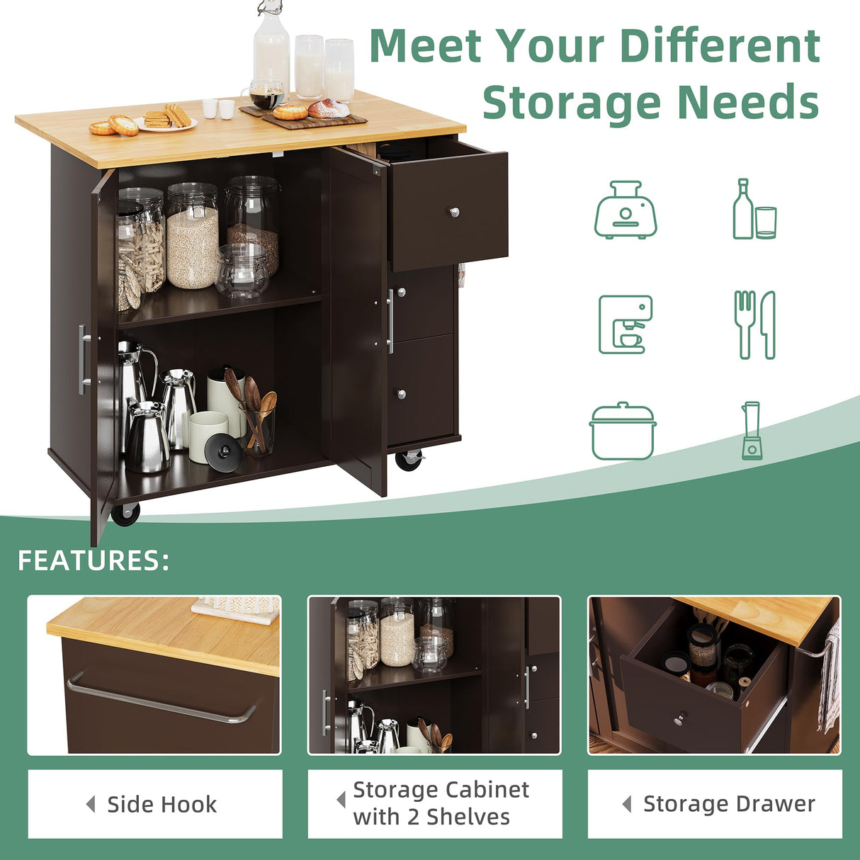 Shintenchi Rolling Kitchen Island Cart with Folding Drop Leaf Breakfast Bar, Portable Trolley Island with Large Storage Cabinet, Shelf and Drawer, Brown Shintenchi