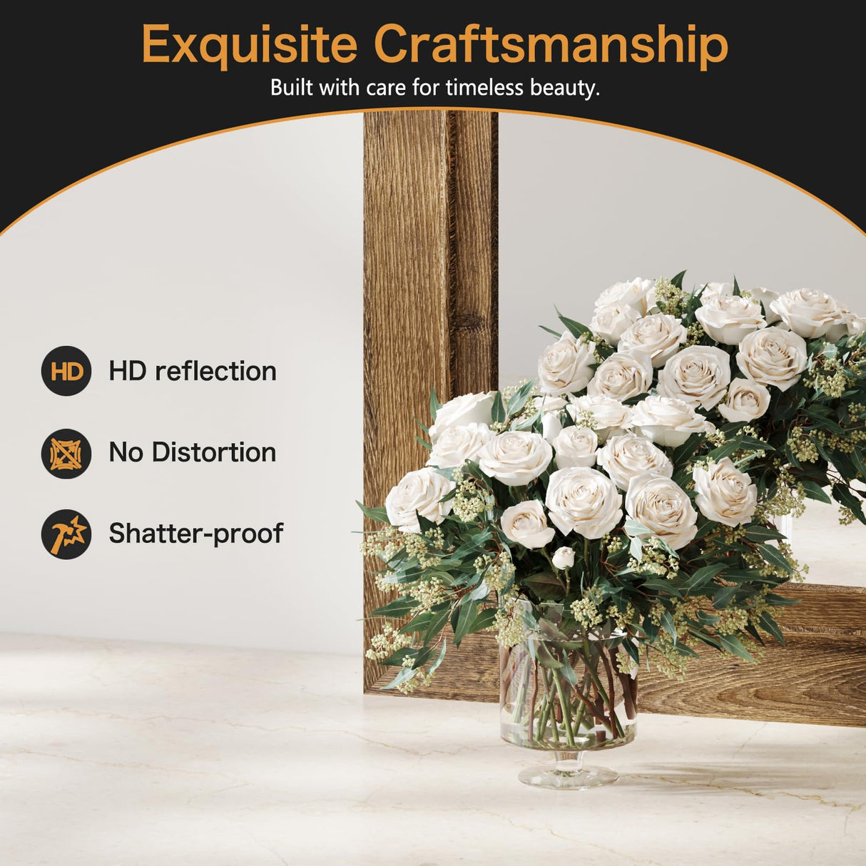 Rustic Wall-Mounted Vanity Mirror, Solid Wood Frame Bathroom Mirror, Farmhouse Style for Living Room, Bedroom, Entryway, Horizontal/Vertical Hanging ALBAD