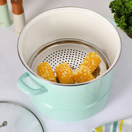 Martha Stewart Thayer 16-Quart Enamel On Steel Scratch Resistant Steamer Stock Pot w/Stainless Steel Insert - Martha Blue Martha Stewart