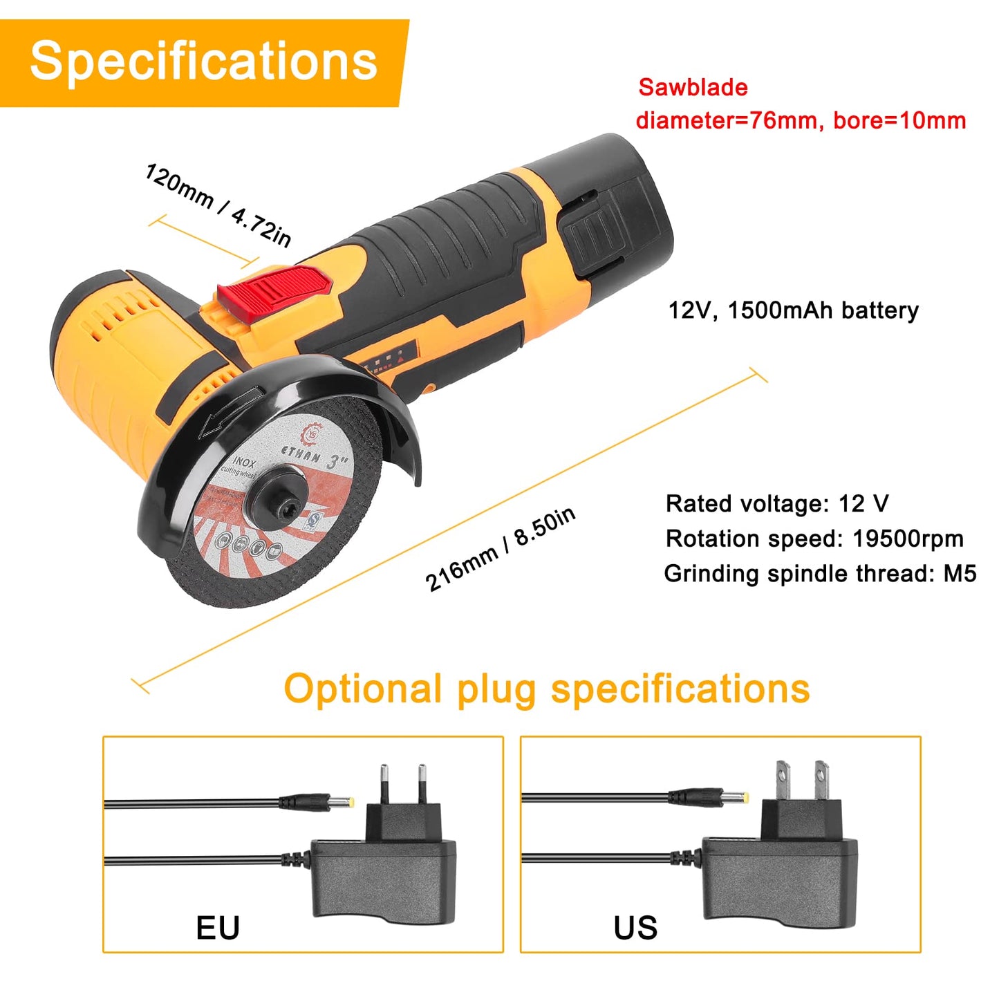 Angle Grinder, Geevorks Electric Grinding Tool 19500RPM, Mini Grinder Handheld Cutter for Cutting Polishing Ceramic Tile Wood Stone Steel, with 2 Cutting Disc/2PCS 1200mAh Battery, Yellow - WoodArtSupply