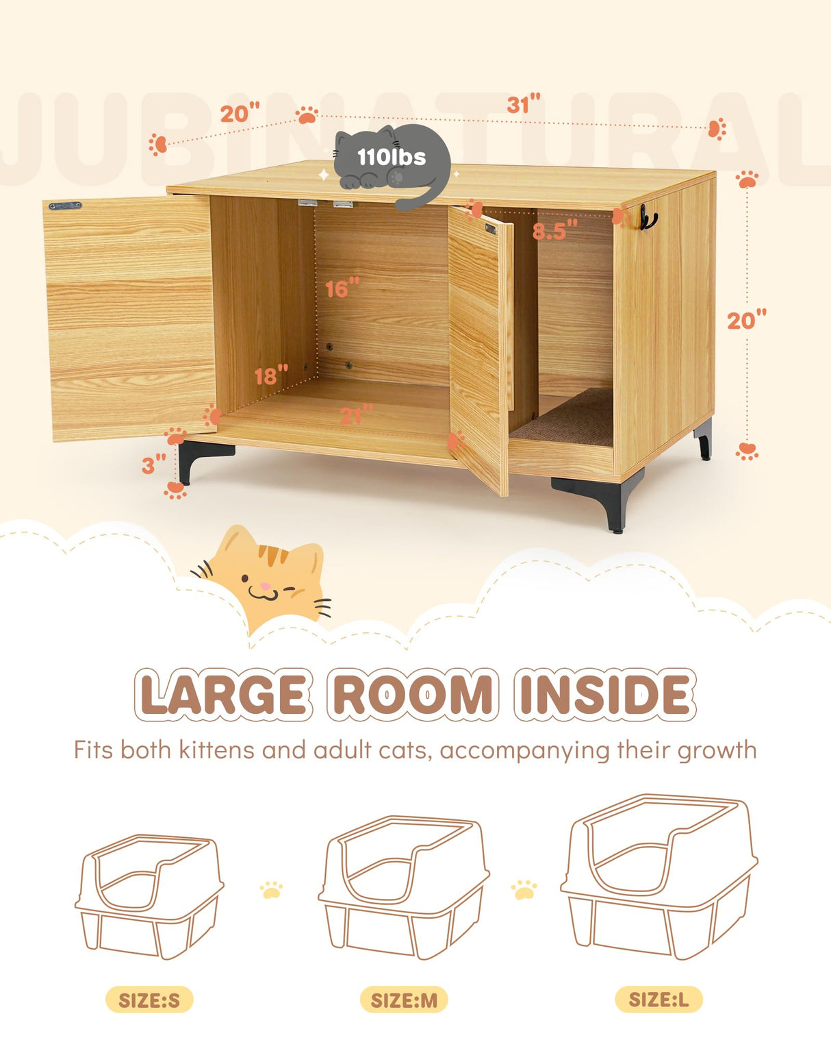 JubiNatural Cat Litter Box Enclosure,Stylish Hidden Litter Box Furniture, Modern Cat Litter Furniture Cabinet, Side End Table, Cat House with Scratch Pad, for Living Room, Bedroom, Entry Foyer JubiNatural