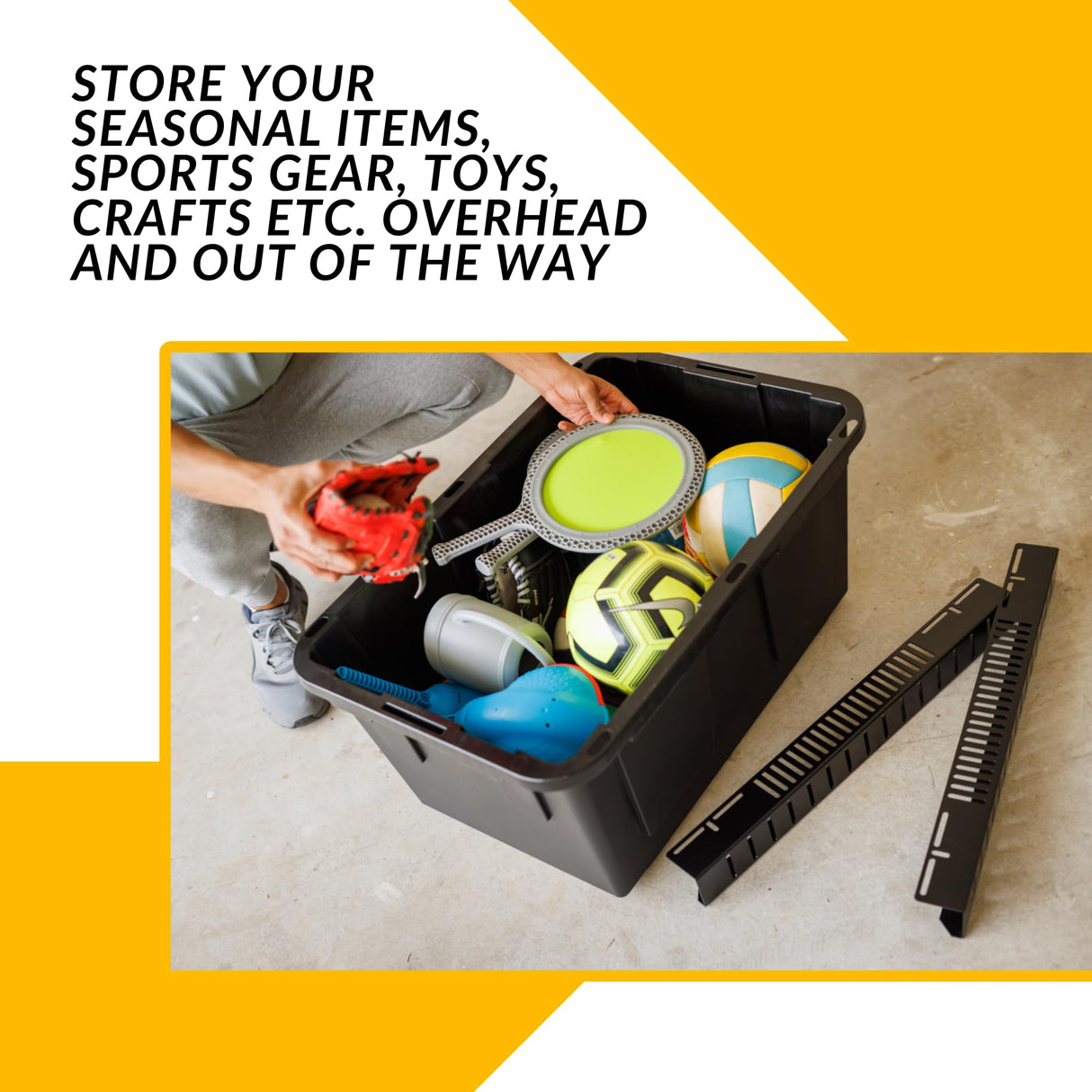 Overhead Bin Rack - Ceiling Mount Overhead Garage Rack | Adjustable Width and Orientation | Heavy Duty Ceiling Bin Storage Rails | Fits Black & Yellow Storage Bins | USA Designed (8 Bins) SteelChimp