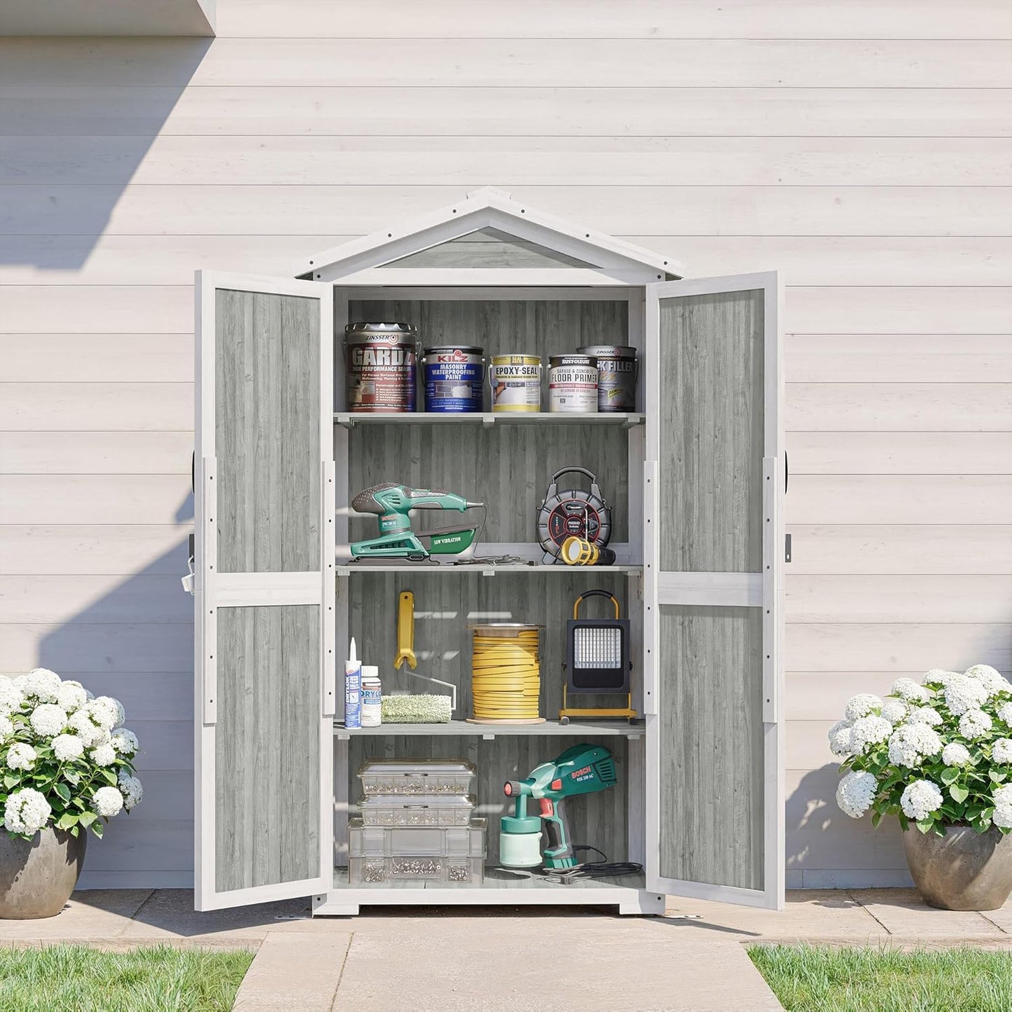 BELLEZE Outdoor Storage Cabinet with 4 Removeable Shelves, Wooden Garden Tall Storage Shed Lockable Tool Storage Cabinet with Waterproof Roof, Outside Tool Shed for Patio Lawn Yard Backyard - - WoodArtSupply