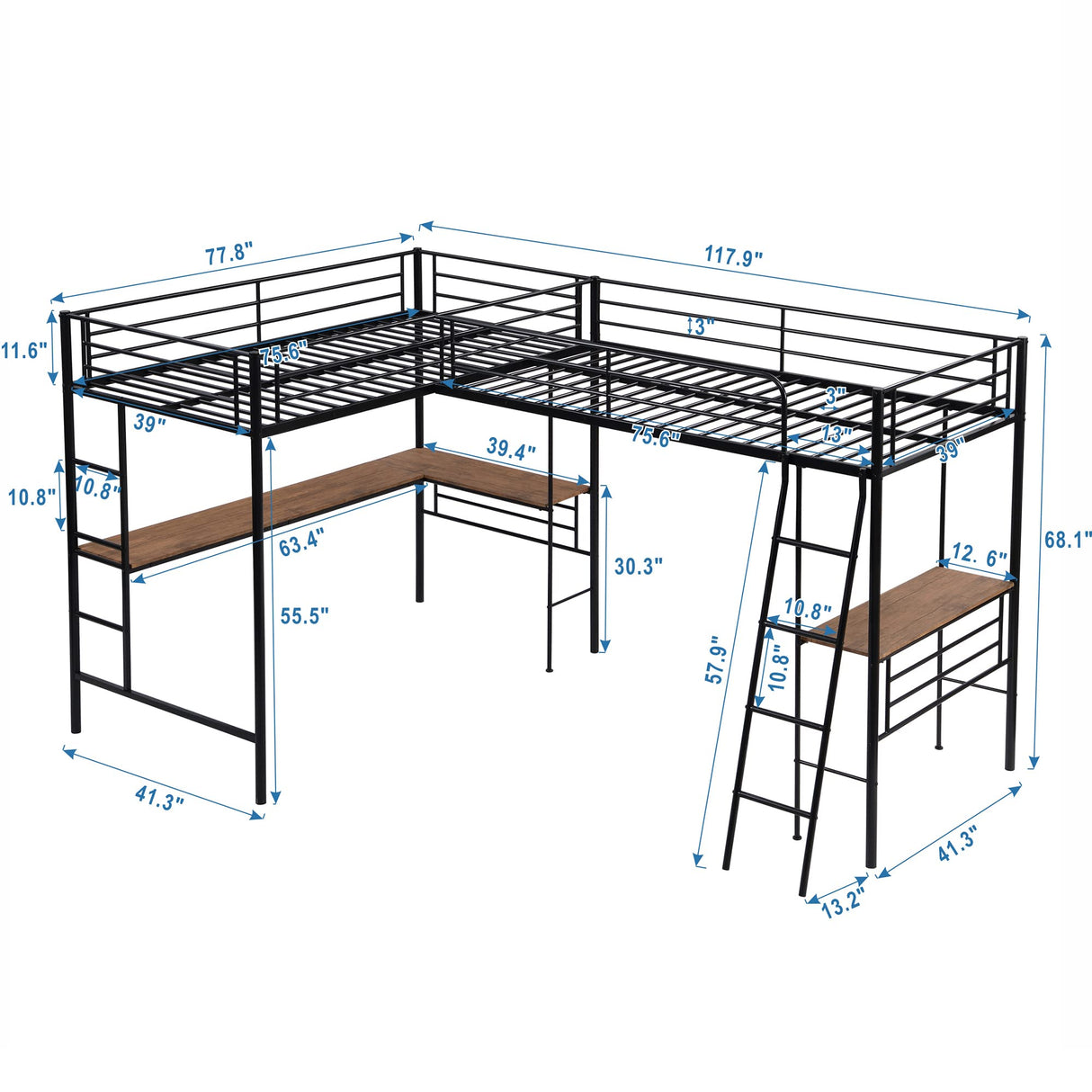 MERITLINE Metal Twin Size L-Shaped Loft Bed, Twin Size Loft Bed Frame with Two Built-in Desks Underneath for Kids Boys Teens, Black MERITLINE