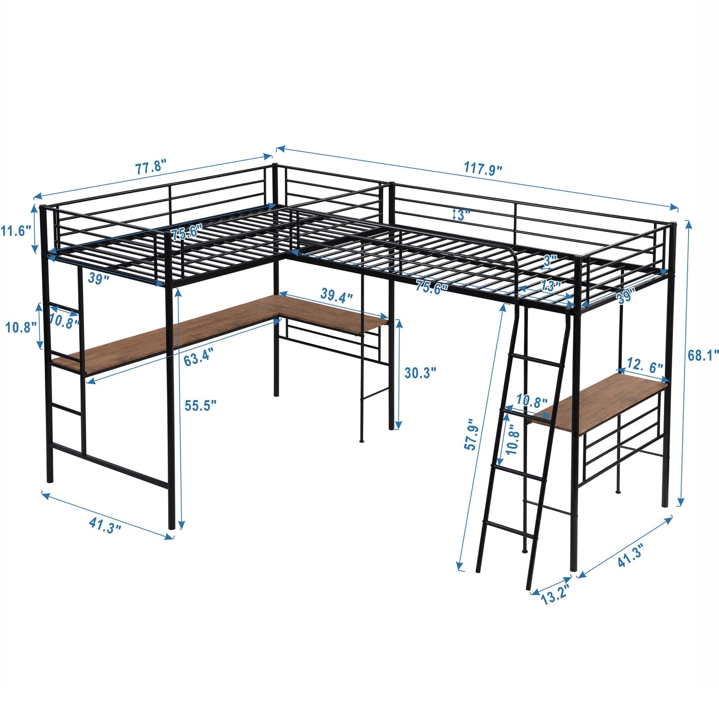 MERITLINE Metal Twin Size L-Shaped Loft Bed, Twin Size Loft Bed Frame with Two Built-in Desks Underneath for Kids Boys Teens, Black