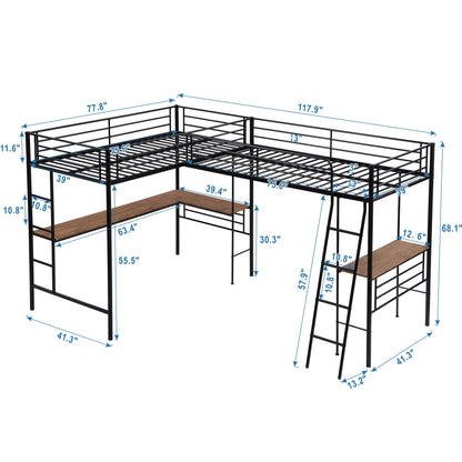 MERITLINE Metal Twin Size L-Shaped Loft Bed, Twin Size Loft Bed Frame with Two Built-in Desks Underneath for Kids Boys Teens, Black