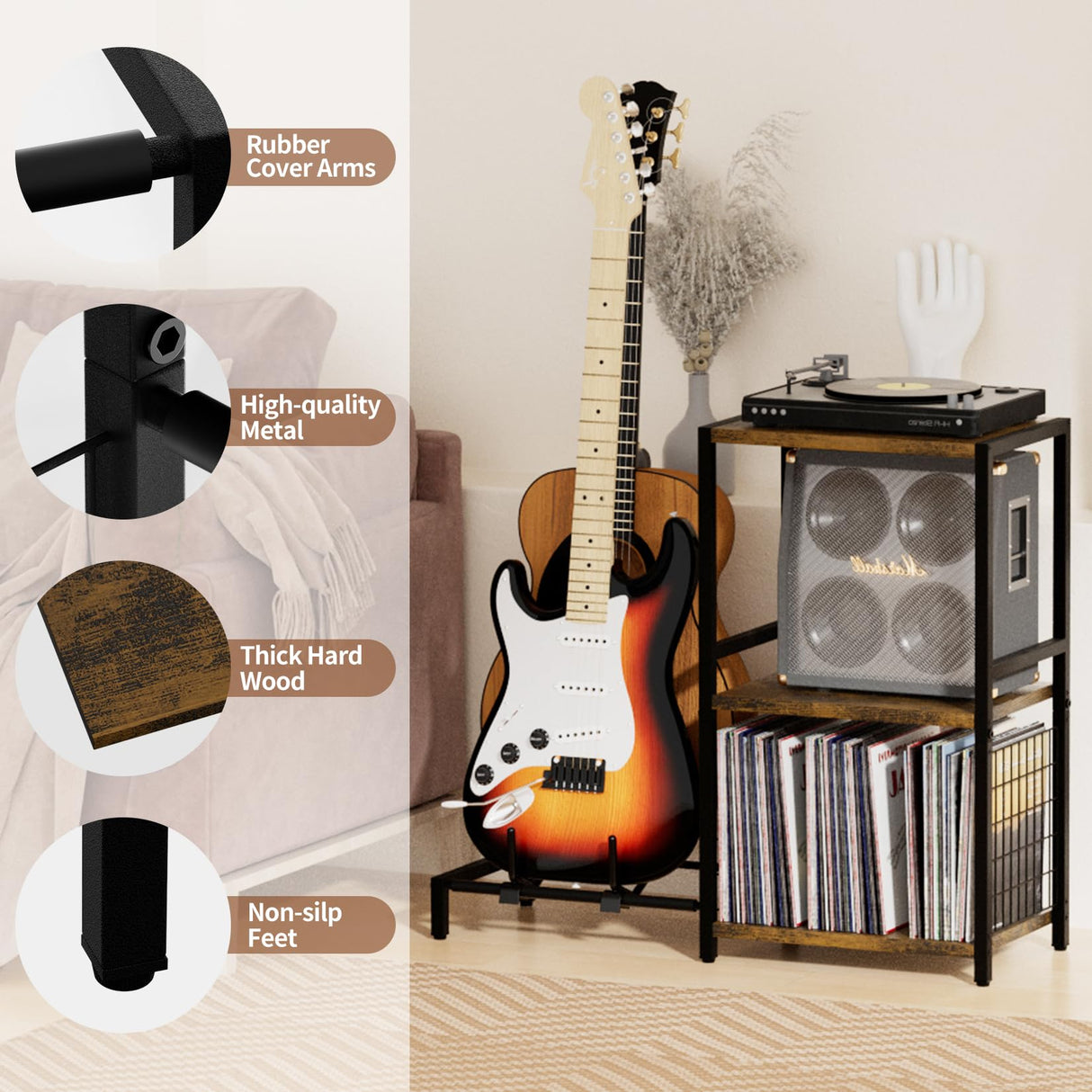 YAKANJ End Table with Guitar Stand,Record Player Stand,Vinyl Records Storage,2-Tier Guitar Stand for Acoustic, Electric Guitar,Bass,Turntable Stand Side Table for Music Room Studio Living Room-Brown YAKANJ
