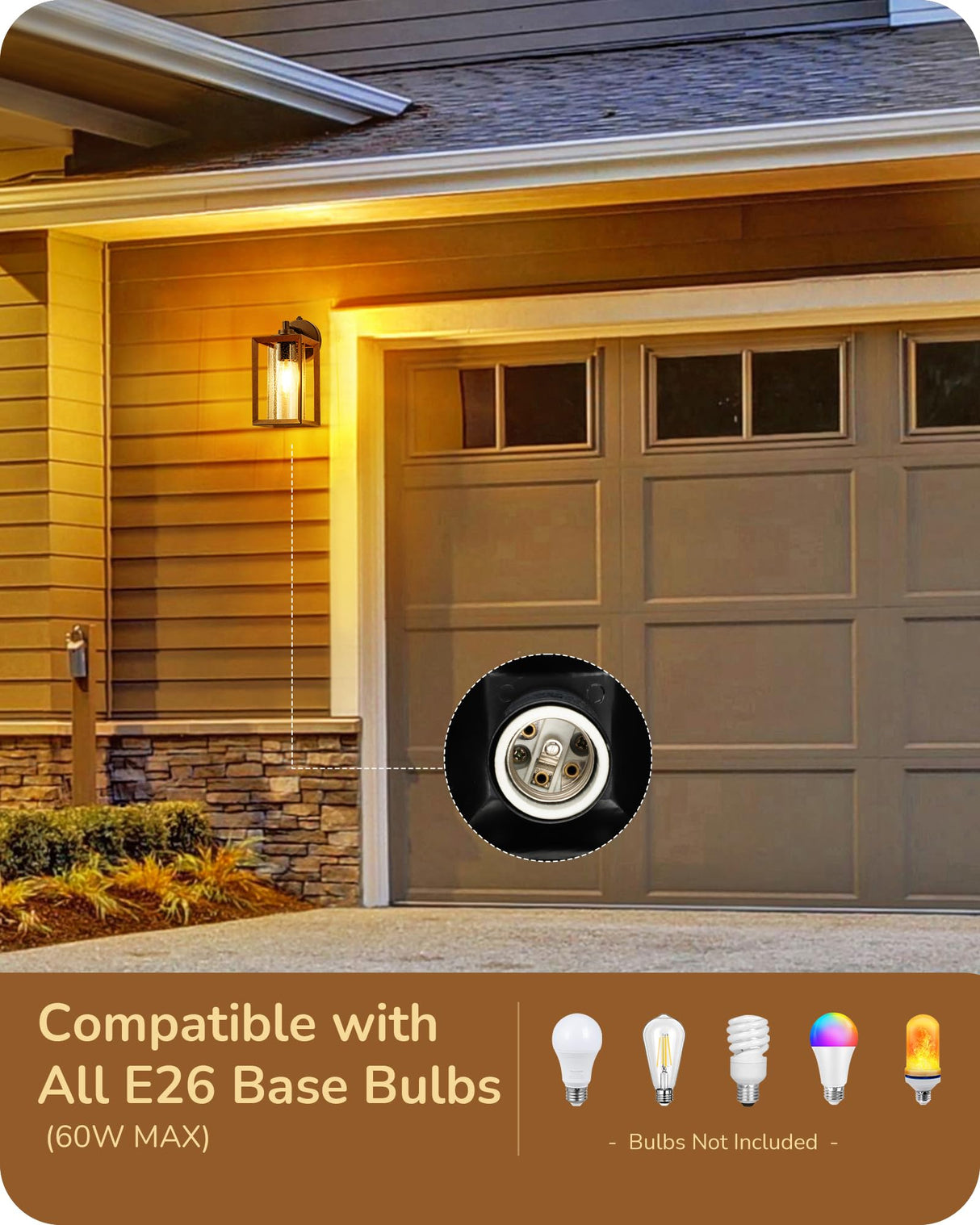 EDISHINE Dusk to Dawn Outdoor Wall Lights, Farmhouse Exterior Lighting Fixtures with Seeded Glass, Wood Grain Finish Porch Light Wall Mount Lantern Waterproof Outside Wall Sconce Lamp, E26 Base EDISHINE