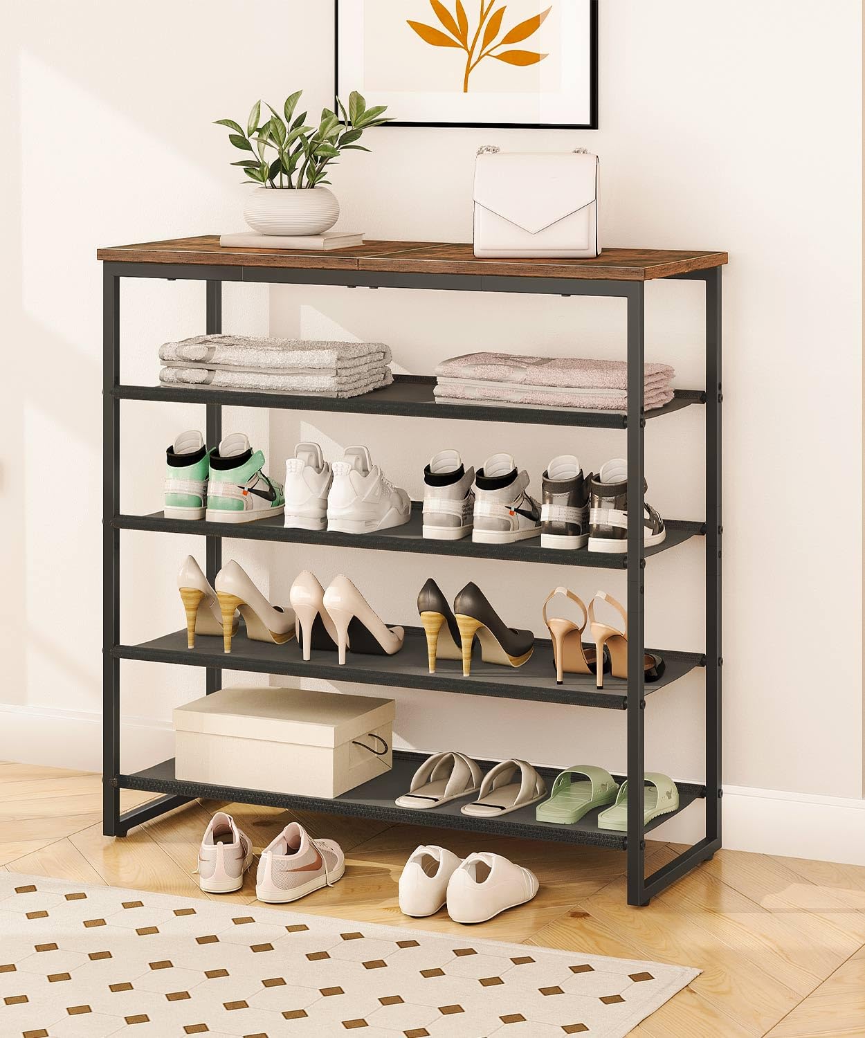 HOOBRO Shoe Rack, 5 Tier Shoe Storage Organizer with 4 Oxford Fabric Shelves and Top Panel, Holds 16-20 Pairs of Shoes, for Entryway and Closet, Industrial, Rustic Brown BF50XJ01